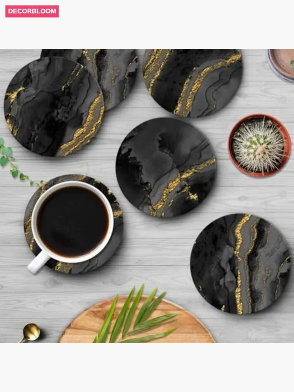 6 Round Stone Absorbent Coasters with Cork Base & Metal Holder